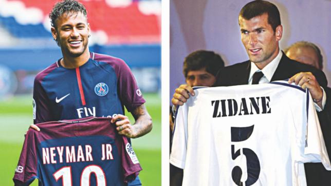 Although Neymar (L) may have set the world record for the highest transfer fee this year, Zinedine Zidane's record fee from 2001 is still the most expensive as a percentage of the club's revenue. PHOTOS: COLLECTED